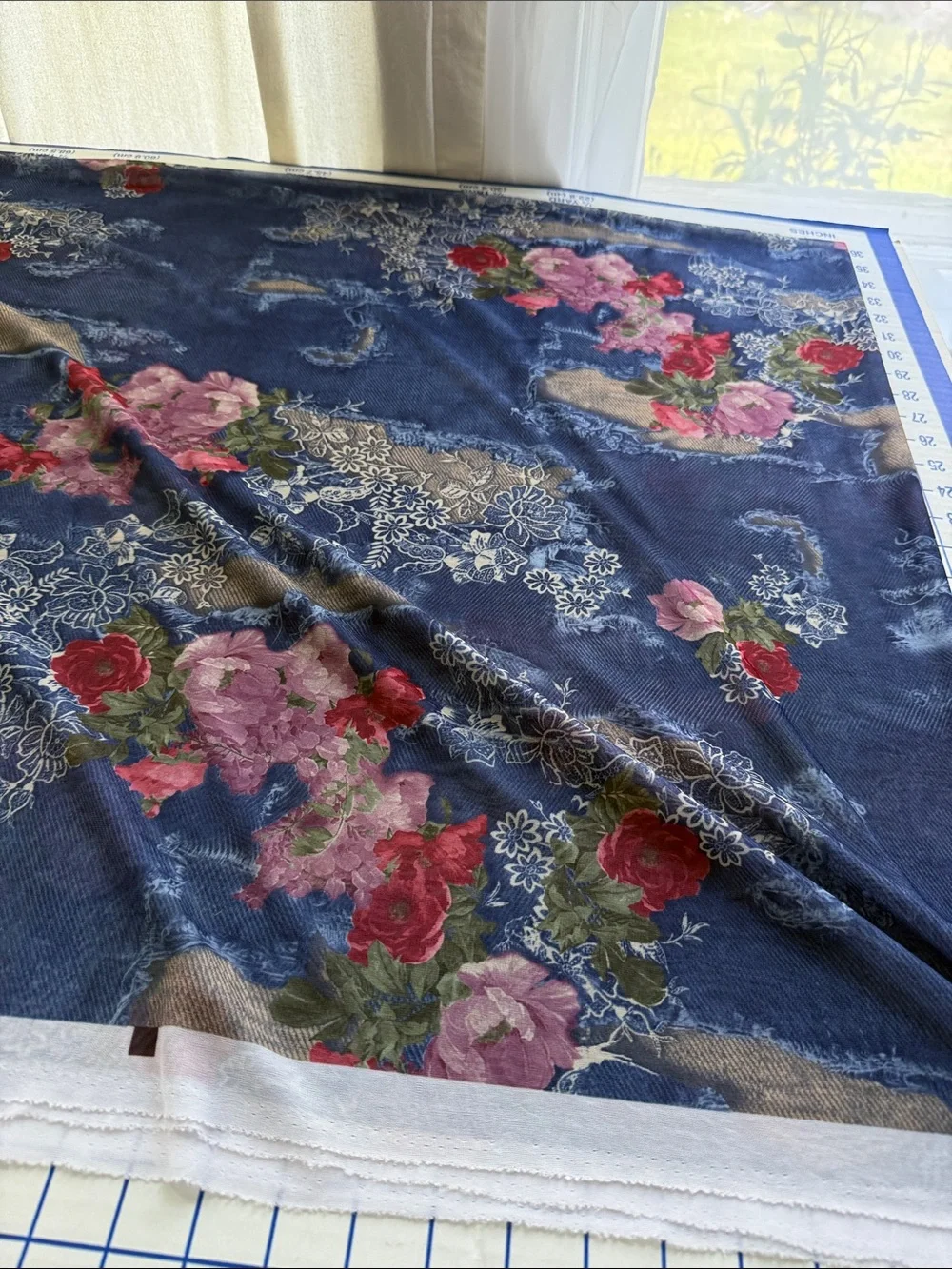 Y2K Denim Rose Lace Print Stretch Mesh Fabric 4 Yards 54” Semi Sheer